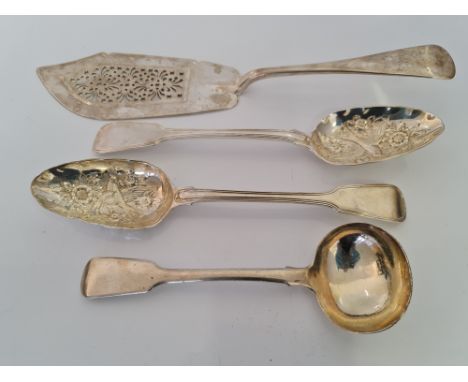 A collection of hallmarked silverware, to include a pair of Georgian berry spoons, a Victorian ladle, a Victorian fish slice,