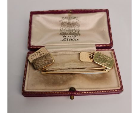 A pair of hallmarked 9ct yellow gold cufflinks, engraved with initials and a tie pin, stamped 9c, weight approx. 9.5g. IMPORT