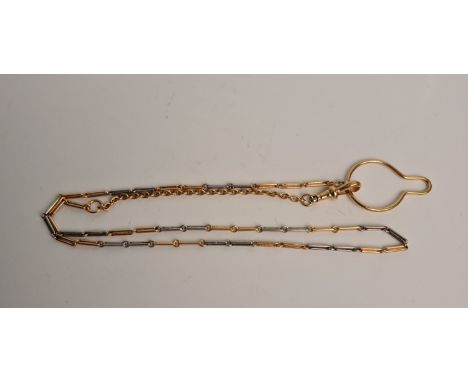 A rectangular link watch chain, with button link, stamped 18ct &amp; PT, approx. length 48cms, approx. weight 15.5gms. IMPORT