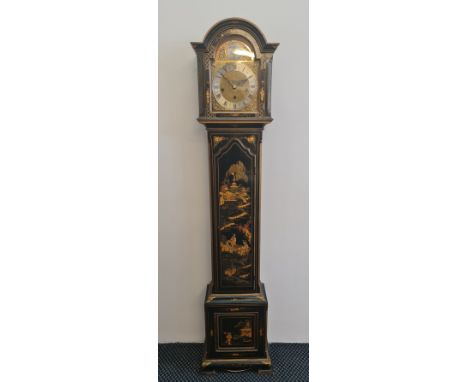 An ebonised long case Tempus Fugit clock with painted oriental garden scene to body in red, green and gold, approx. Height 16