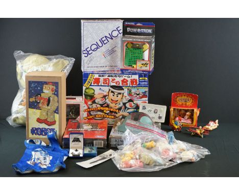 Various games and figures to include Star Wars Yoda plush toy, Electron tin plate robot, Bandai Zaku Mobile Suit Gundam figur