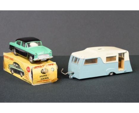 Boxed Dinky 165 Humber Hawk diecast model in two tone black/green, diecast vg, box poor, and a Dinky 188 Four Berth Caravan d