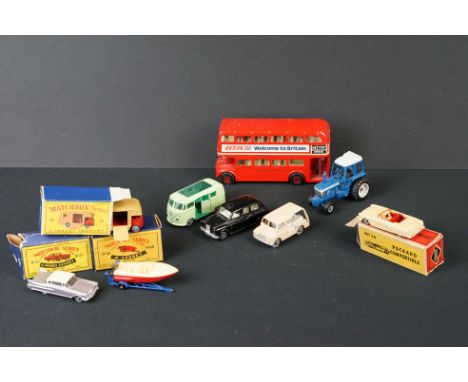 Eight 60s-70s diecast models to include 3 x boxed Matchbox Lesney models (35 Horse Box, 27 Cadillac, both boxes missing end f