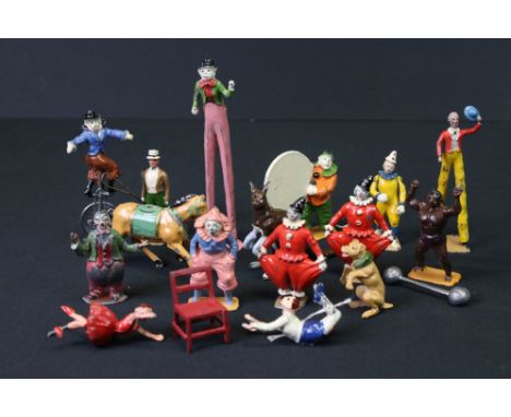 Collection of scarce early - mid 20th C metal circus figures to include Charbens and Britains, in a good condition with some 