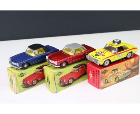 Three Boxed Mercury Diecast Mercedes Models including Mercedes Benz Safari 230 SL model no. 50, and Mercedes-Benz 230 SL mode