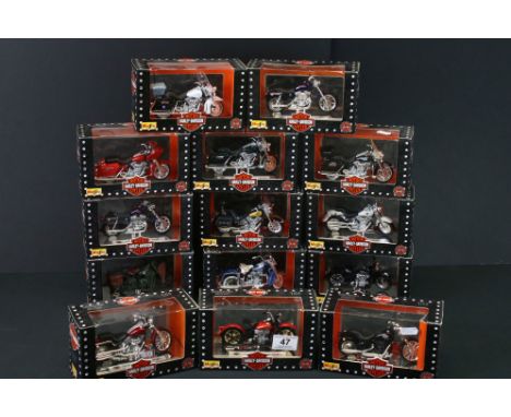 14 Boxed Maisto 1:18 Harley Davidson diecast models to include 2000 FXSTB, 2000 FLTR, 1936 EL Knucklehead, 2000 FLSTC, 2000 F