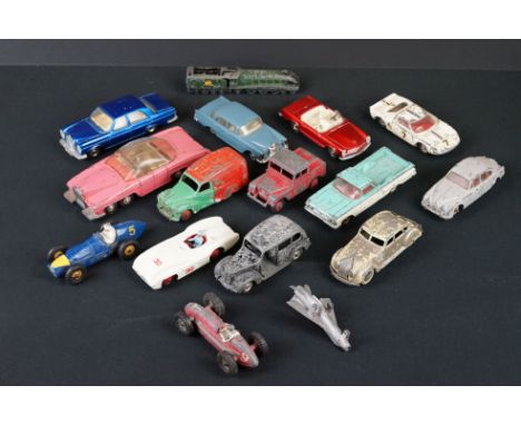 Fifteen Dinky Loose Playworn Diecast Vehicles including Maserati 231, Ferrari 234, Mercedes Benz 237, Jaguar 3.4 litre 195, A