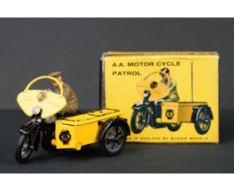 Boxed Budgie 452 AA Motorcycle Patrol diecast model with original driver, aerial and front section, showing some paint loss b