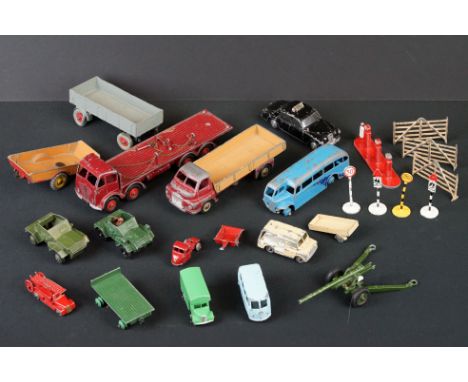 15 Mid 20th C play worn diecast models to include Dinky and Matchbox Lesney featuring Dinky Supertoys Foden plus 8 x roadside