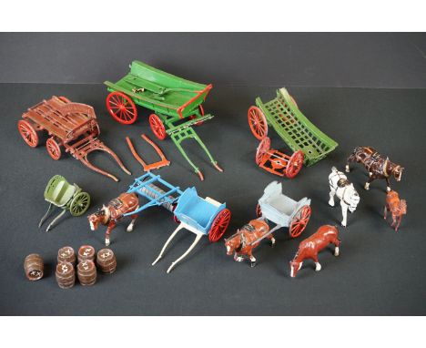 Collection of mid 20th C metal farming figures, vehicles &amp; accessories to include Britains, Hills and Charbens, some pain