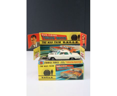 Boxed Corgi 497 The Man From UNCLE Thrush Buster diecast model in white, with Waverly Ring, diecast showing play wear, reprod