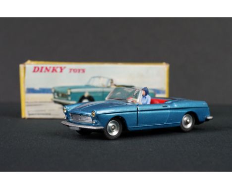 Boxed French Dinky 528 Cabriolet 404 Peugeot Pininfarina diecast model in metallic blue, red interior, with driver, diecast v