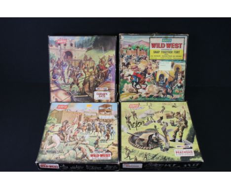 Four boxed Airfix HO / OO scale play sets to include 2 x Wild West (variant box lids, one with figures on original spruces), 