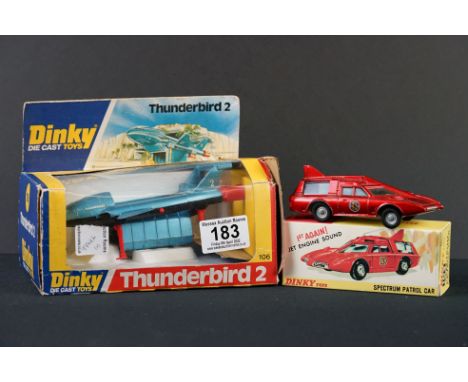 Two boxed TV related Dinky diecast models to include 106 Thunderbirds Thunderbird 2 complete with T4 model, diecast vg, tatty