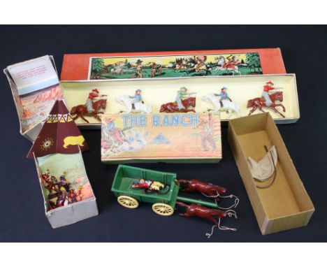 Two Boxed Johillco (John Hill &amp; Co) Boxed Metal Toy Sets - 6 Native Americans with camp fire and teepee and Cowboys Assor