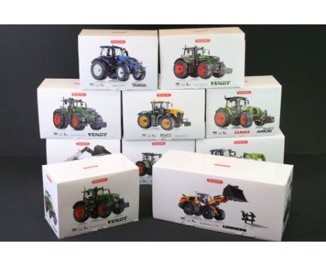 Ten boxed Wiking 1:32 diecast model tractor models to include Fendt 1050 Vario, Claas Scorpion 7044, Claas Arion 430, JCB Fas