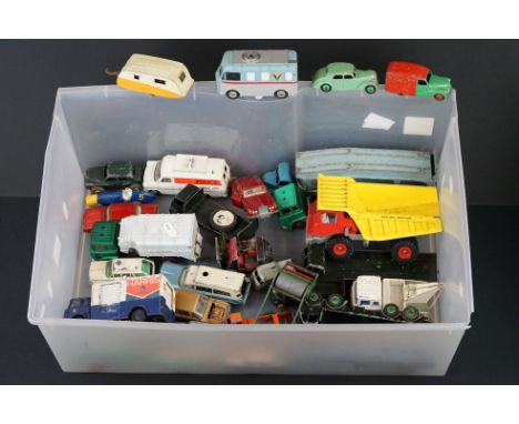 Around 28 mid 20th C play worn Dinky diecast models to include Transmitter Van, Shell Austin, Riley etc 