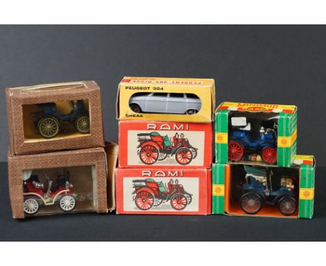 Seven boxed diecast &amp; plastic Peugeot models to include 2 x Rami (France) featuring 1898 Coupe and 1908 Double Phaeton Li
