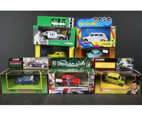 Eight Boxed Corgi TV related diecast models to include 2 x Italian Job, The Beatles Newspaper Taxi, The Professionals, Mr Bea