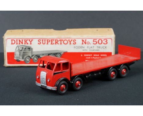 Boxed Dinky Supertoys No 503 Foden Flat Truck with tailboard diecast model in scarce red, diecast gd-vg with some paint chips