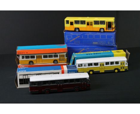 Five boxed diecast model buses to include Tekno 851 Scania CR76, 2 x NZG (293 CN113 &amp; 293 CN112) and 2 x Lion Car (38 DAF