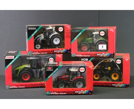 Five boxed Britains 1:32 diecast model tractors to include 43235 MF 6718 5 Tractor, 43215 Valtra T254V, 43206 JCB Fastrac 833