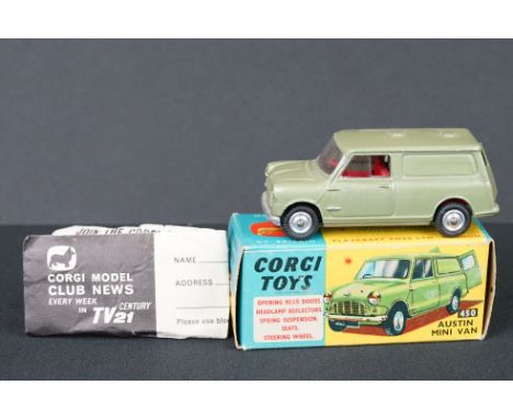 Boxed Corgi 450 Austin Mini Van diecast model in dark green, red interior, diecast vg, box vg with Corgi Club leaflet 