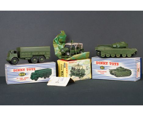 Three boxed Dinky military diecast models to include 651 Centurion Tank, 622 10 Ton Army Truck and 601 Austin Para-Moke (comp