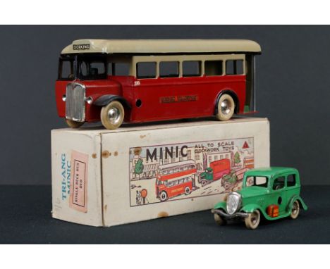 Boxed Triang Minic clockwork tin plate Single Deck Bus in red, with key, tin plate vg, some marks to gd box, plus a clockwork