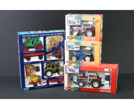 Three boxed 1:32 Britains farming models to include Ford 5610 Tractor, Massey Ferguson MF 2680 Tractor, Massey Ferguson Tract