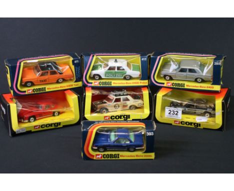 Seven Boxed Corgi Diecast Mercedes Vehicles including model numbers 393, 285, 411, 412, 385, 291 and 802 (cars in good condit