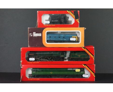 Four boxed OO gauge locomotives to include 3 x Hornby (R063 BR Loco Britannia, R253 Dockyard Diesel Shunter &amp; Oliver Crom