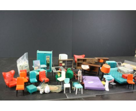 1960's Tri-ang Triang Spot On Doll's House Furniture, over 40 items including Sofa, Armchair, Chairs, Bookcases, Bed, Wardrob