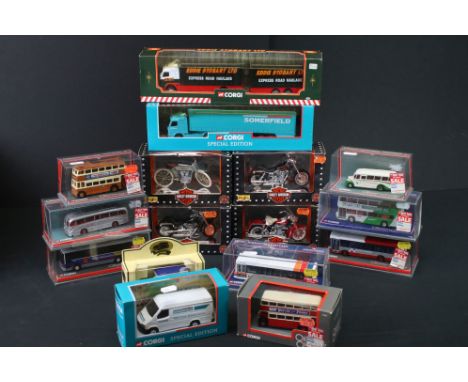 16 Boxed / cased diecast models to include 11 x Corgi, 4 x Maisto Harley Davidson, 1 x Lledo 