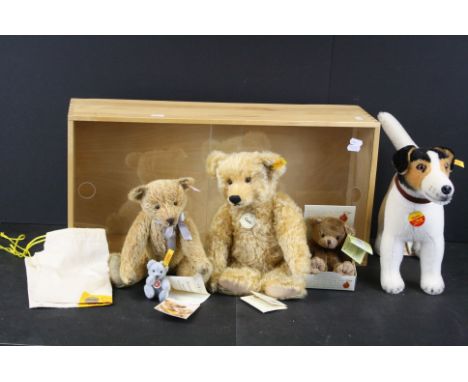 Four Steiff Soft Toys including Hexie Jack Russell 031731, Classic Teddy Bear 028748, Appolonia Margarete 04507 and Mini Tedd