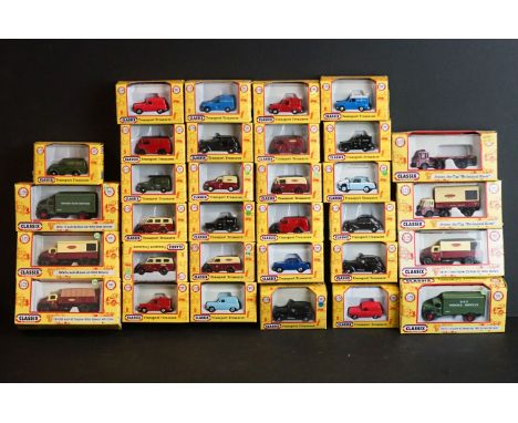 32 Boxed Classix 00 Transport Treasures diecast models to include EM76826 Austin FX3, EM76678 Ford 300E Thames, EM76813 Austi