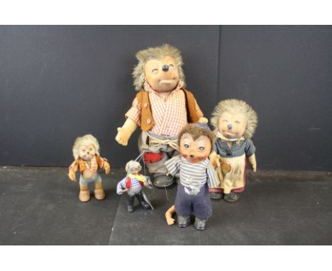 Steiff Hedgehog Family comprising Mecki, Micki and Macki (Micki and Macki with original Steiff labels) together with two furt