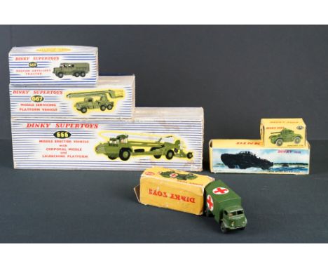Six boxed Dinky diecast models to include 666 Missile Erector Vehicle with Corporal Missile and Launching Platform, 689 Mediu