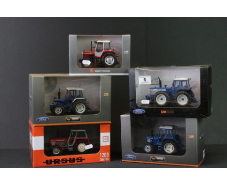 Five boxed Universal Hobbies 1:32 diecast model tractors to include UH5367 Ford 6610NGen 1 4WD, UH4140 Ford Gen 3 4WD, UH4032