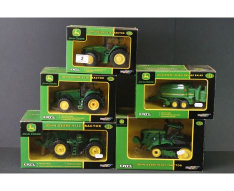 Five boxed Britains ERTRL John Deere diecast models to include 42370 9530 Tractor, 42458 9530T Tractor, 42407 8330 Tractor, 4