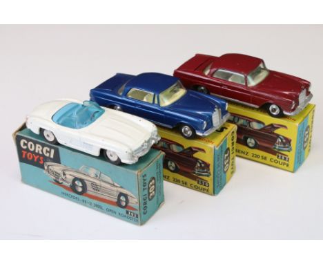 Three Boxed Corgi Diecast Mercedes-Benz Models including Mercedes-Benz 220 SE model 253 in maroon with spare wheel but no lug