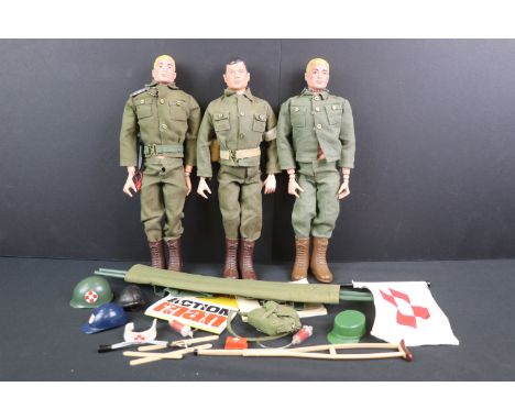 Three 1960's Palitoy Action Man Action Soldier Figures with accessories including Army Medic Set items including stretcher, f