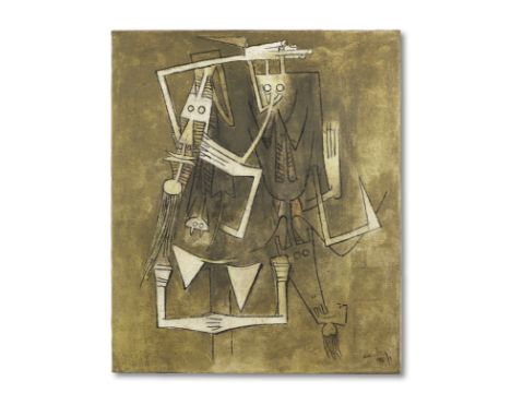 Wifredo Lam (Cuban, 1902-1982)Les Jumeaux, II 1963-1969 signed and dated 1963oil on burlap120.7 by 111.7 cm.47 1/2 by 44 in.T