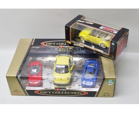 A BURAGO GIFT COLLECTION SET OF DIE-CAST MODELS 1:24 and 1:18 scale including VW new beetle 1998, Dodge Viper RT-101992 and B