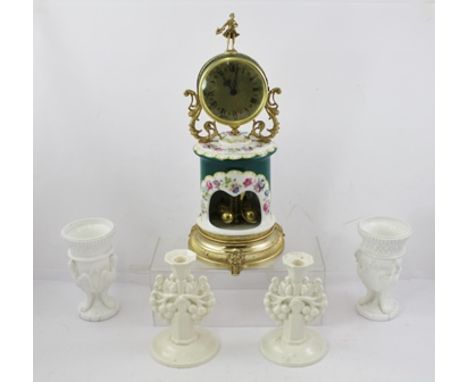 A DECORATIVE ITALIAN PORCELAIN AND BRASS CASED MANTEL CLOCK 42cm high together with a garniture pair of moulded opaque glass 