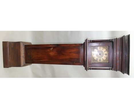 A GEORGE III ELM LONGCASE CLOCK with flat top and turned column decorations, the square 9" dial with cast spandrels, single h