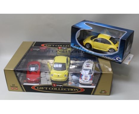 BURAGO GIFT COLLECTION CONTAINING THREE DIE-CAST MODELS 1:24 and 1:18 scale including new VW beetle, Dodge Viper open sports 