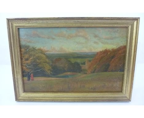 19TH CENTURY BRITISH SCHOOL "Parkland Landscape" with castle and figures on the path, an Oil painting on panel, 17cm x 26cm i