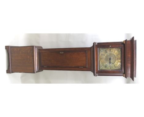 AN EARLY 19TH CENTURY OAK THIRTY HOUR LONGCASE CLOCK having square hood with columns flanking a square brass dial with Roman 