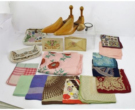 TWO 20TH CENTURY BEADED EVENING PURSES, together with a quantity of decorative scarves, two embroidered First World War postc